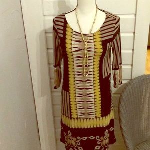 BOGO Tan, cream, yellow and black print dress.